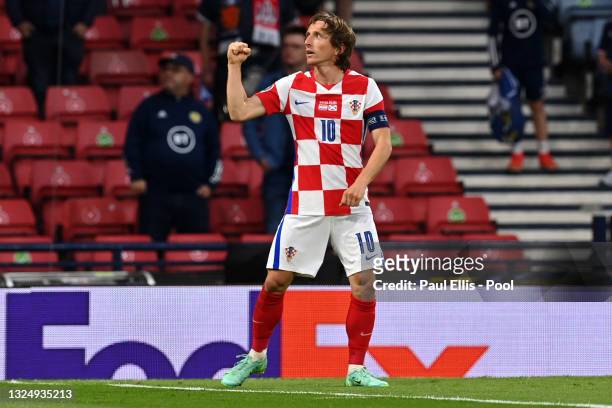 Luka Modric of Croatia celebrates after scoring their side's second goal during the UEFA Euro 2020 Championship Group D match between Croatia and...