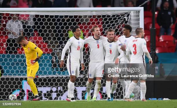 Jordan Henderson of England celebrates scoring a goal which is later disallowed for offside during the UEFA Euro 2020 Championship Group D match...