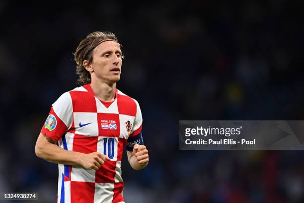 Luka Modric of Croatia looks on during the UEFA Euro 2020 Championship Group D match between Croatia and Scotland at Hampden Park on June 22, 2021 in...
