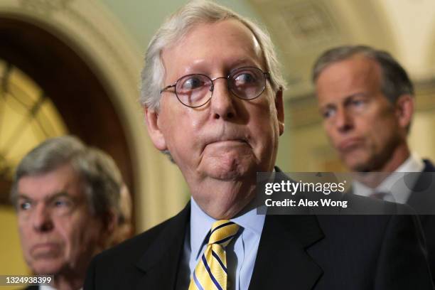 Sen. Roy Blunt , Senate Minority Leader Sen. Mitch McConnell and Senate Minority Whip Sen. John Thune listen during a news briefing after the weekly...