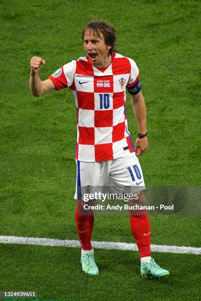 Luka Modric of Croatia celebrates after victory in the UEFA Euro 2020 Championship Group D match between Croatia and Scotland at Hampden Park on June...