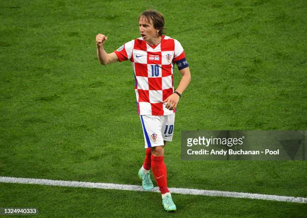 Luka Modric of Croatia celebrates after victory in the UEFA Euro 2020 Championship Group D match between Croatia and Scotland at Hampden Park on June...