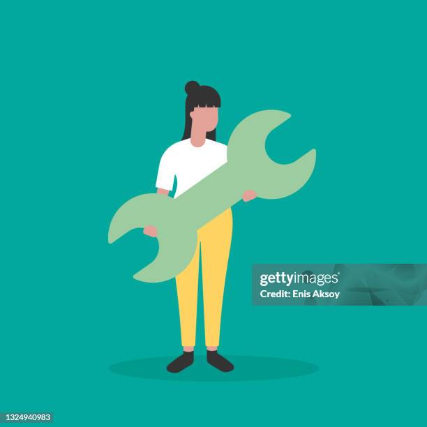 woman holding huge wrench - guy holding wrench cartoon stock illustrations