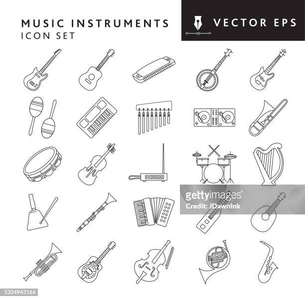 ilustrações de stock, clip art, desenhos animados e ícones de musical instruments and elements big thin line icon set on white background - editable stroke - harpa