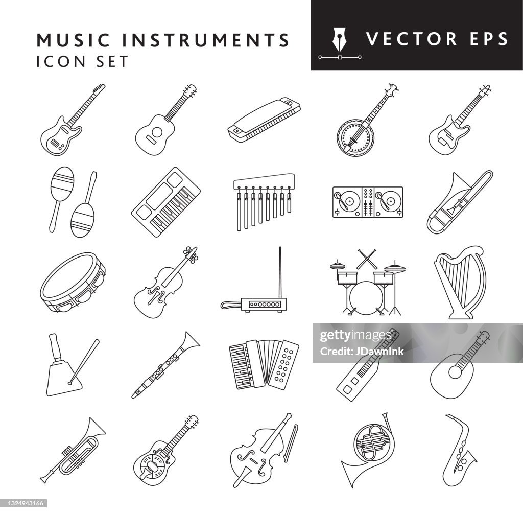 Musical instruments and elements big thin line Icon set on white background - editable stroke