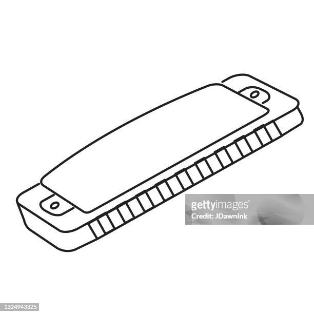 thin line icon of a harmonica music instrument on white background - harmonica stock illustrations
