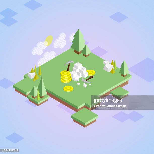 isometric crypto mining - cryptocurrency video game concept - pickaxe stock illustrations