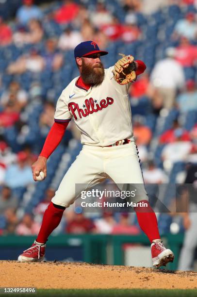 Archie Bradley of the Philadelphia Phillies throws a pitch during a game against the Washington Nationals at Citizens Bank Park on June 5, 2021 in...