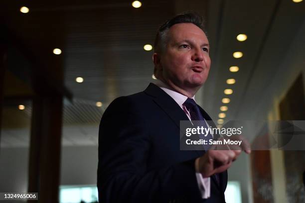 Shadow Minister for Climate Change and Energy Chris Bowen speaks to media during a press conference in the Mural Hall at Parliament House on June 23,...