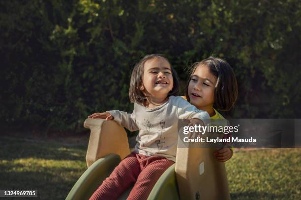 sisters backyard slide play - bush baby fotografías e imágenes de stock