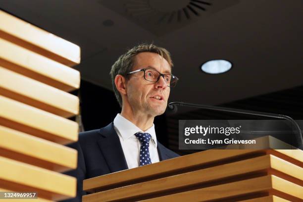 Director-General of Health Ashley Bloomfield talks at a press conference on Covid-19 alert levels on June 23, 2021 in Wellington, New Zealand....