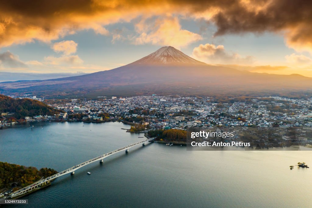 Mt. Fuji in autumn at sunset at lake Kawaguchiko, Japan. Aerial view