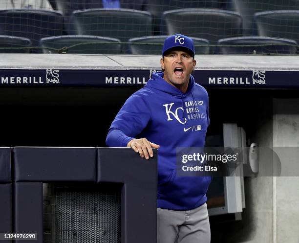 Manager Mike Matheny of the Kansas City Royals reacts after his player Salvador Perez is called out on strikes in the eighth inning against the New...