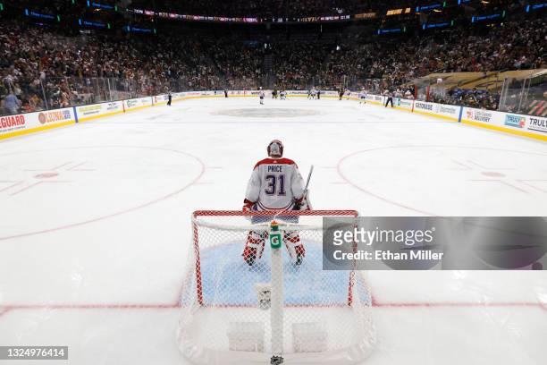 Carey Price of the Montreal Canadiens stands in the crease in the second period in Game Five of the Stanley Cup Semifinals during the 2021 Stanley...