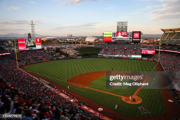 General view of the game between the Los Angeles Angels and the San Francisco Giants at Angel Stadium of Anaheim on June 22, 2021 in Anaheim,...