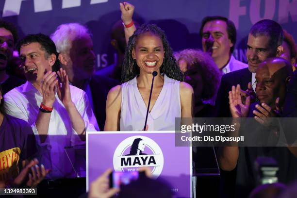 Democratic New York City mayoral candidate Maya Wiley addresses supporters at an evening gathering on June 22, 2021 in the Brooklyn borough of New...