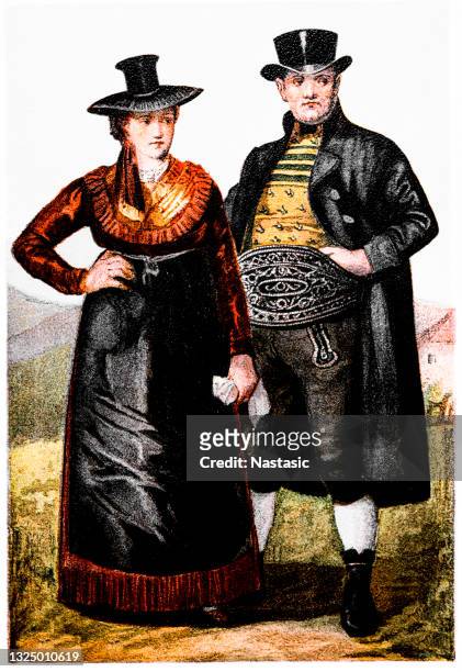 farmer and his wife from the region of kremsmünster - farmer wife stock illustrations