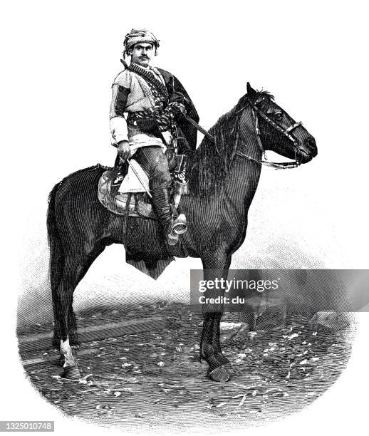 soldier from marasch, syria, sitting on horse, standing, side view - 19th century stock illustrations