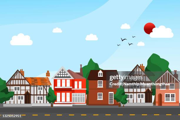 beautiful small village illustration concept shows traditional little houses under the sunlight in the summertime for creating the small city background. - cartoon house stock pictures, royalty-free photos & images