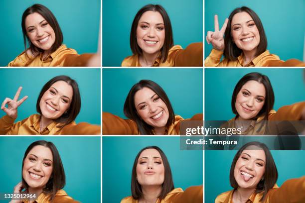 composite of several images of a woman making a selfie - self portrait photography stock pictures, royalty-free photos & images