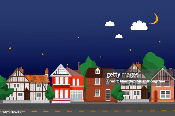 beautiful small village illustration concept shows traditional little houses under the shiny moon and stars in the nighttime for creating the small city background. - mini moon stock pictures, royalty-free photos & images