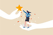 Employee success recognition, encourage and motivate best performance, cheering or honor on success or achievement concept, winning confidence businesswoman standing on big hand getting star reward.
