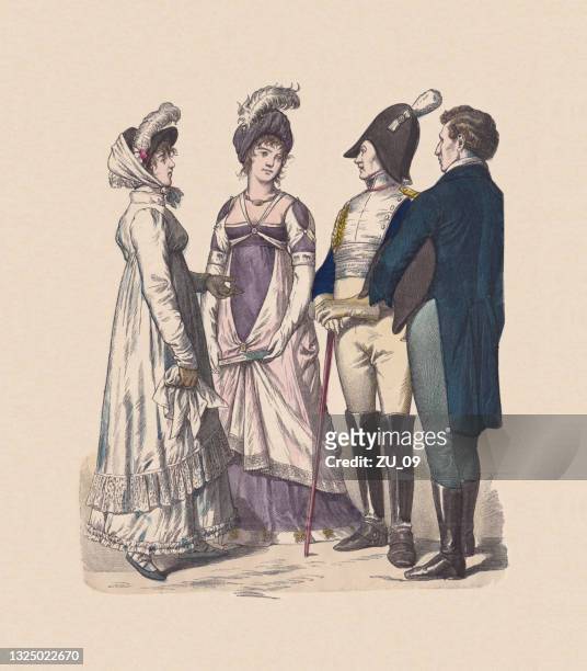 french-german costumes (1800-1812), hand-colored wood engraving, published ca. 1880 - tail coat stock illustrations
