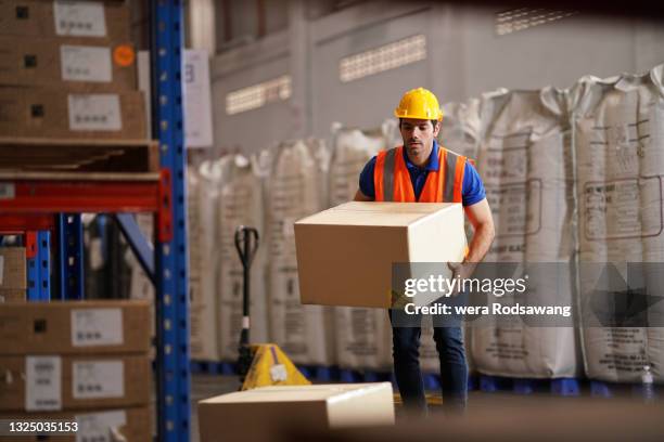 warehouse worker carry merchandise box to pallet truck at storage compartment - luggage hold stock pictures, royalty-free photos & images