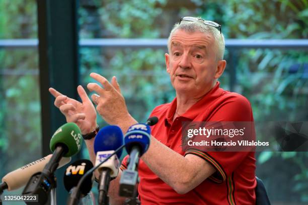 Ryanair Group CEO Michael O'Leary wears a Portuguese national Soccer team jersey while delivering remarks at his press conference in Lux Lisboa Park...