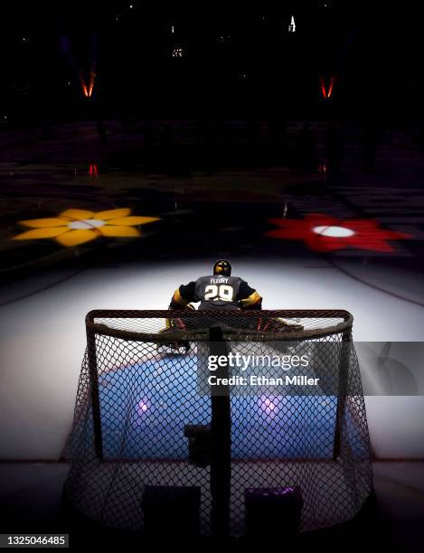 Flowers are projected on the ice as Marc-Andre Fleury of the Vegas Golden Knights is introduced before Game Five of the Stanley Cup Semifinals during...