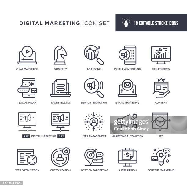 ilustraciones, imágenes clip art, dibujos animados e iconos de stock de iconos de línea de trazo editables de marketing digital - visita