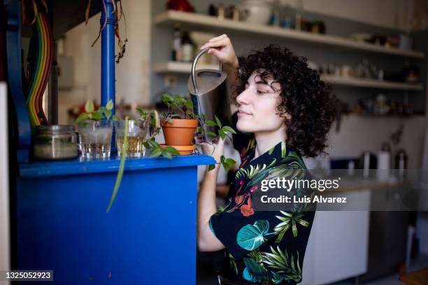 non-binary person watering small house plants - apartment kitchen stock-fotos und bilder