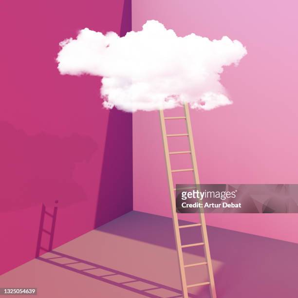 creative picture of 3d render with ladder climbing to isolated cloud - heaven stairs stock pictures, royalty-free photos & images