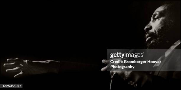 View of American comedian and Civil Rights activist Dick Gregory during a speech at San Jose State University, San Jose, California, 1980.