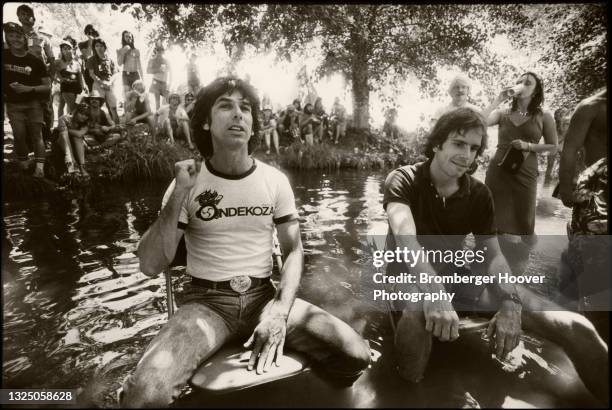 View of American Rock musicians Mickey Hart and Bob Weir, both of the group the Grateful Dead, as they speak during an outdoor press conference at...