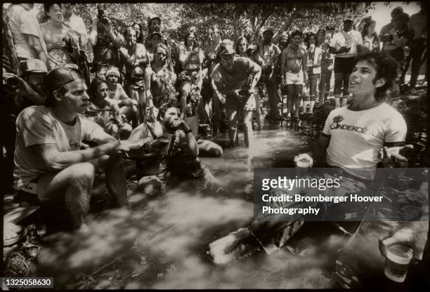 View of American Rock musician Mickey Hart , of the group the Grateful Dead, speaks during an outdoor press conference at the US Festival at Glen...