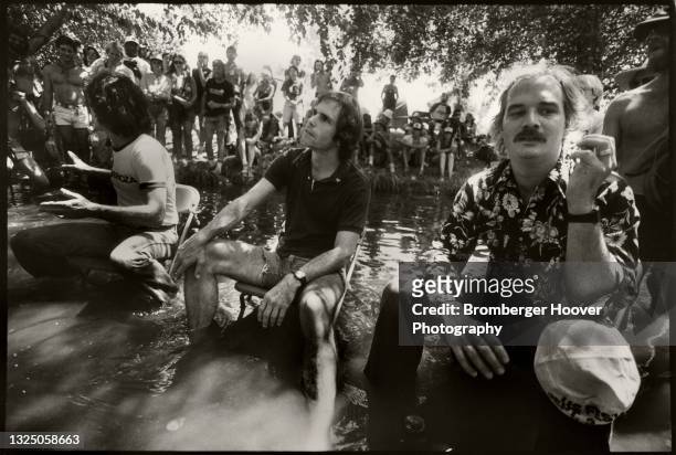 View of, from left, American Rock musicians Mickey Hart, Bob Weir, and Bill Kreutzmann, all of the group the Grateful Dead, as they speak during an...