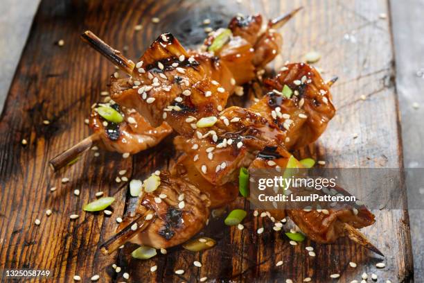 bbq pineapple chicken skewers - satay stock pictures, royalty-free photos & images