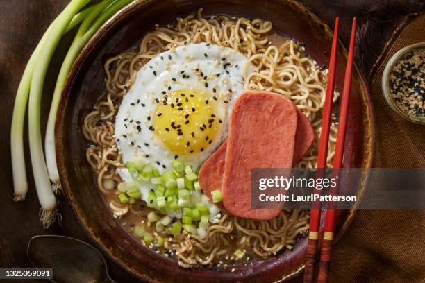 japanese style breakfast with fried spiced ham - spam stock pictures, royalty-free photos & images