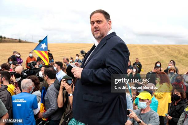 President of the Esquerra Republicana de Catalunya political party, Oriol Junqueras, stands on stage after leaving Lledoners prison on June 23, 2021...