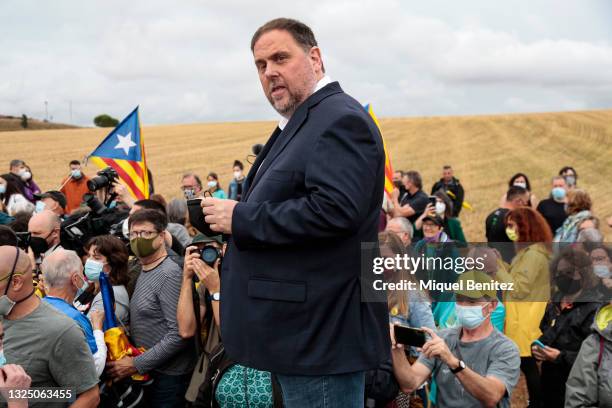 President of the Esquerra Republicana de Catalunya political party, Oriol Junqueras, stands on stage after leaving Lledoners prison on June 23, 2021...