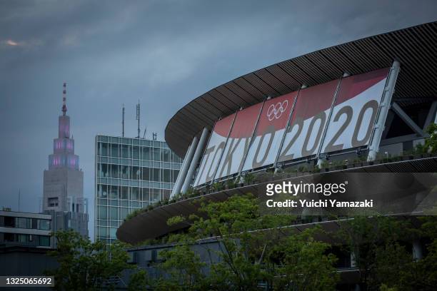 The New National Stadium, the main stadium for the Tokyo Olympics, is seen on June 23, 2021 in Tokyo, Japan. Today marks one month to go until the...