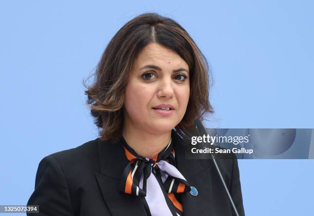 Libyan Foreign Minister Najla Mangoush speaks to the media during the second international Libya conference on June 23, 2021 in Berlin, Germany. The...