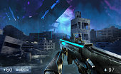 3d render illustration of sci-fi first person shooter game with soldier hands holding futuristic weapon.