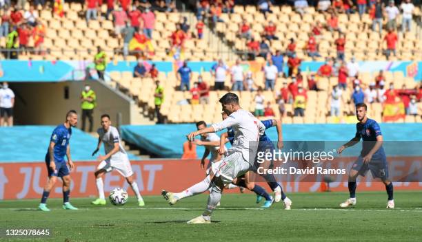 Alvaro Morata of Spain takes a penalty which is saved by Martin Dubravka of Slovakia during the UEFA Euro 2020 Championship Group E match between...