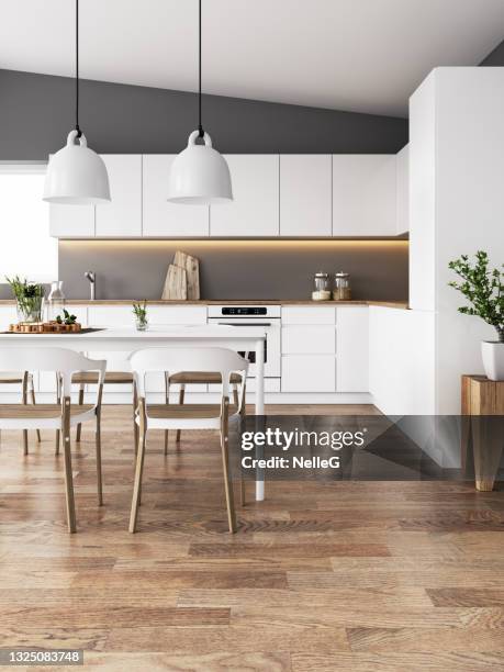 modern dining room and kitchen - domestic kitchen stock pictures, royalty-free photos & images
