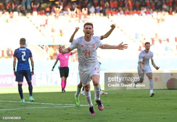 Aymeric Laporte of Spain celebrates after scoring their side's second goal during the UEFA Euro 2020 Championship Group E match between Slovakia and...