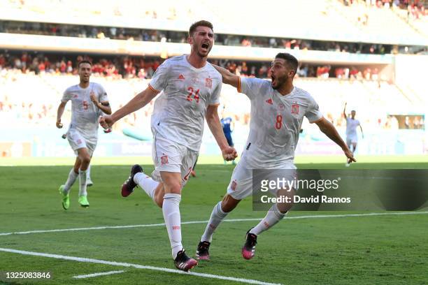 Aymeric Laporte of Spain celebrates with Koke after scoring their side's second goal during the UEFA Euro 2020 Championship Group E match between...