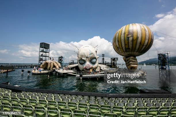 General view of the 'Seebuehne Bregenz' during rehearsals for "Rigoletto" ahead of the Bregenz Festival 2021 at Seebühne Bregenz on June 23, 2021 in...
