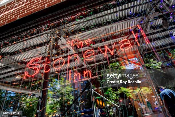 View of the "Stonewall Inn" sign as the Stonewall Inn protests Anheuser-Busch political donations to anti-trans bills lawmakers at Stonewall Inn on...